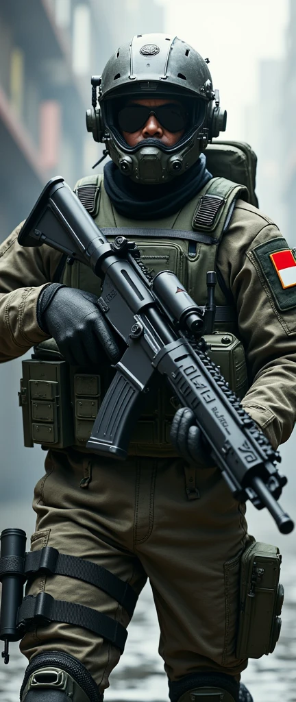 a TNI Kopassus Soldier Indonesia with indonesian flag badge wearing futuristic battle suit camouflage holding a large futuristic weapon, wearing a high tech futuristic helmet with nightvusion wearing futuristic military backpack