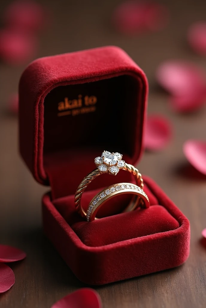 pair of wedding rings and engagement ring in gold color in a velvet box the men's ring is simple, only smooth with a light braided finish around it matching the women's ring the women's ring has a brilliant minimalist diamond stone reminiscent of a flower and around it a braided finish with small diamonds on the inside of the rings the word is engraved "AKAI TO"