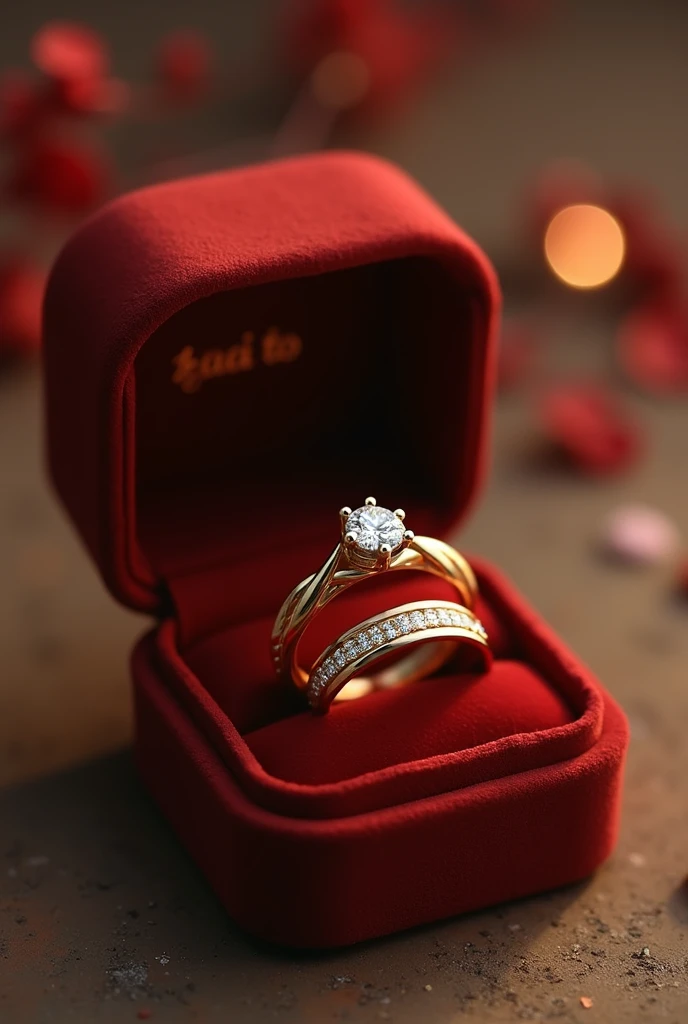 pair of wedding rings and engagement ring in gold color in a velvet box the men's ring is simple, only smooth with a light braided finish around it matching the women's ring the women's ring has a brilliant minimalist diamond stone reminiscent of a flower and around it a braided finish with small diamonds on the inside of the rings the word is engraved "AKAI TO"