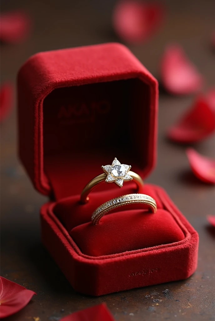 pair of wedding rings and engagement ring in gold color in a velvet box the men&#39;s ring is simple, only smooth with a light braided finish around it matching the women&#39;s ring the women&#39;s ring has a brilliant minimalist diamond stone reminiscent of a flower and around it a braided finish with small diamonds on the inside of the rings the word is engraved "AKAI TO"
