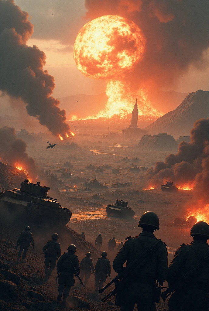 World war between two countries with explosives atom bombs tanks fighter jet and many soldiers fighting 