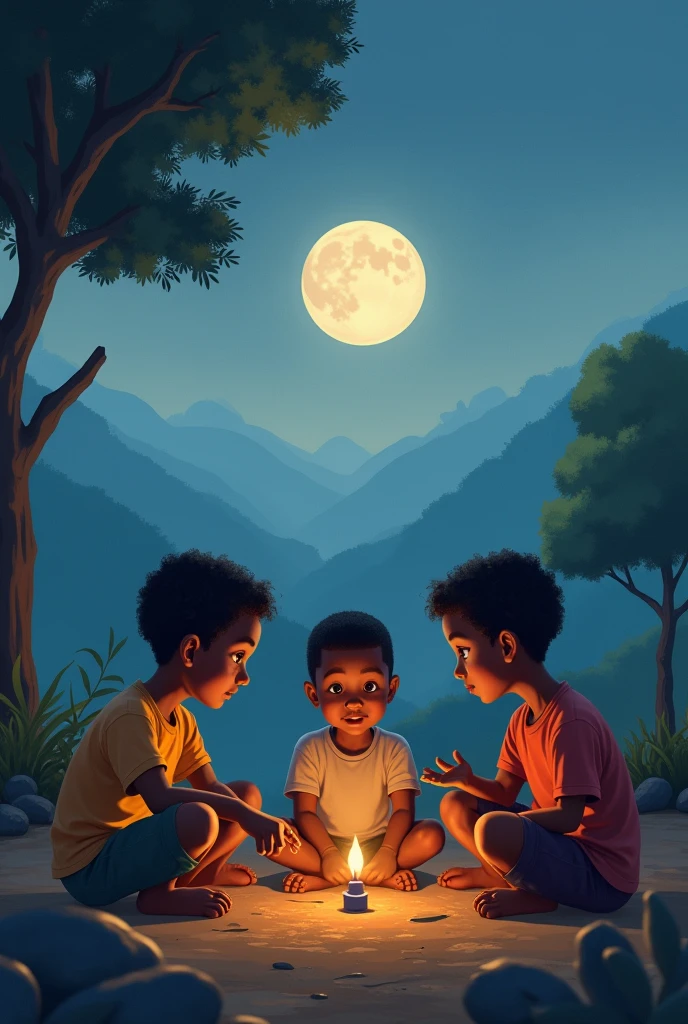 Three ethiopian kids,5,9 & . Sitting on a ground during dusk, playing a traditional game. The  guy looks shy and the rest showing fingers on him. Backed by a beautiful natural background. The moon shines on them. And a text reading "Abezu yene fikir" on up side of them 