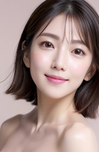 (CG unity (Excessive) Detailed 8k wallpaper, Tabletop, Highest quality:1.2), Attention to detail, Best image quality, Surreal, Beautiful woman with perfect figure, Realistic woman, Beautiful woman, infp young woman, lipstick, Unparalleled beauty, From the waist to the upper body, ((10th Generation、Small breasts)),,Short hair to the shoulders, Beaver, Dark and beautiful makeup, Exquisite and perfect facial features, The most beautiful eyes, Blushing, smile, Highly detailed face and skin structure, Harmonious facial details, Fair skin, double eyelid, Looking at the audience、(((Completely naked、((whole body))、Light pink nipples)))、