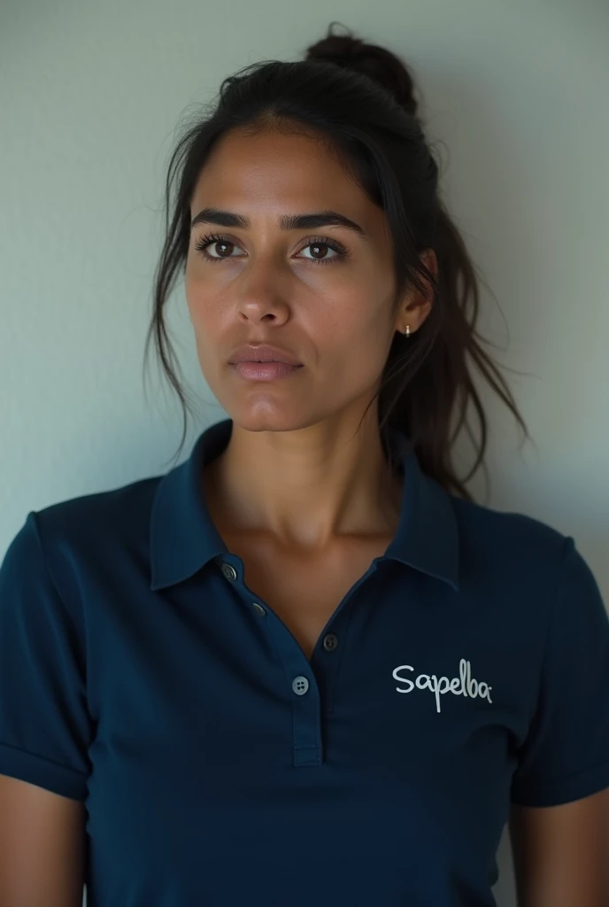a one woman, he used his eyes, Explaining something, and she is in a room alone with white walls, with a navy blue polo shirt and has the name written on the right side of the chest "Sapelba", Brazilian. 