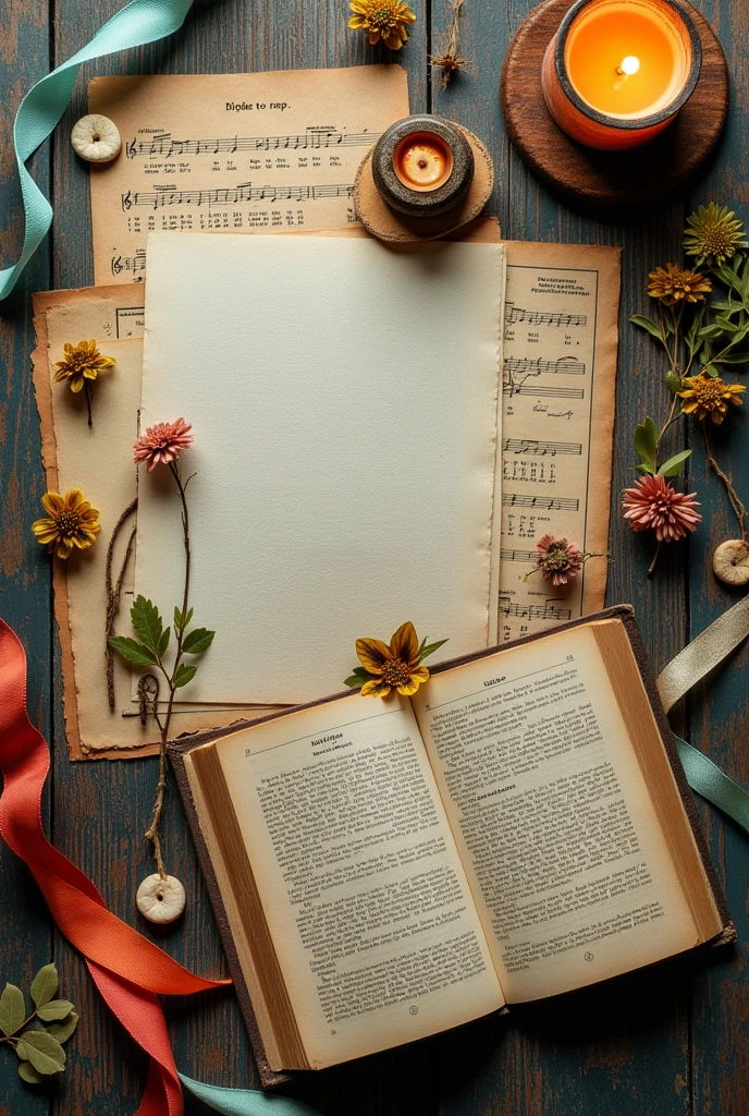 a collection of vintage-style papers and objects arranged on a wooden surface. Among the elements are handwritten notes, printed illustrations of flowers and birds, musical notations on a sheet, an open book with text, a lit candle, and ribbons. The overall arrangement exudes an artistic and nostalgic vibe, suggesting an interest in scrapbooking or creative journaling. a separate small piece of paper that says "TERNATE".