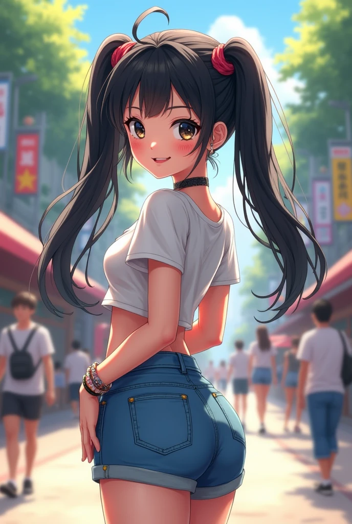 1 girl, solo, 2 girl,
twintails, black hair, long hair, hair bangs,
black eyes, blush, freckles, thick eyebrows, thin nose, long eyelashes,
small breasts, thick thighs, wide hips,
short blouse, white blouse,
dolphin shorts, blue shorts,
choker, earrings, bracelets,
from behind, looking back, smile,
street, public, at day, pedestrians,