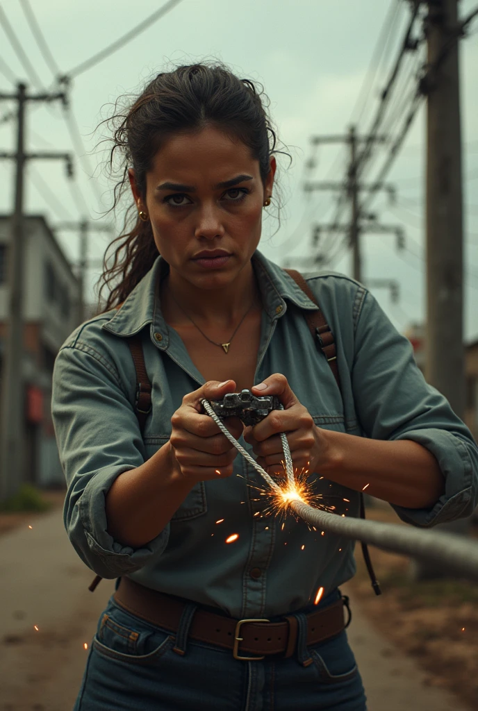 Maria Corina Machado cutting an electric power cable 