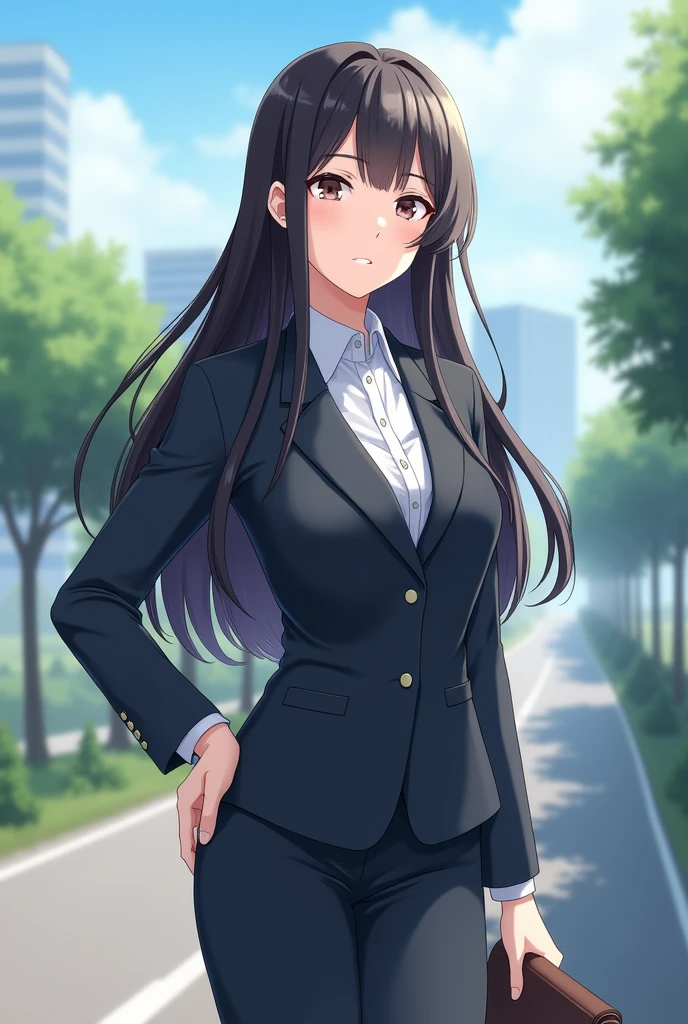 mature women in office uniform, long hair, standing pose, outdoor, anime,, absurdres , highres, ultra detailed, (1girl:1.3),