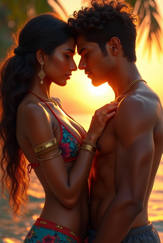 A indian girl wearing  bikini and open his lags and a boy tuch his chest
