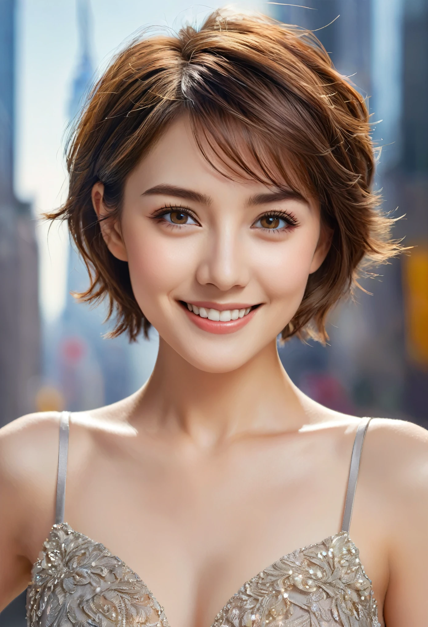 30 years old, One Woman, perfectionなボディ, Very delicate and beautifully detailed face, Beautiful attention to detail, short hair, Brown Hair, perfectionな顔, Brown Hair, Good hairstyle,  perfectionな比率, ((Detailed face)), smile, Expressive eyes, (Very detailed:1.3), Beautiful sparkle, Very detailed, (Detailed costume, Detailed clothing), (Dynamic pose:1.0), Focus Only, Centered, Scale to fit dimensions, Rule of thirds,  New York Manhattan background,(Highest quality), (High resolution), (Sharp focus), (Very detailed), ((超超超細部までこだわったperfectionな作品)), perfection, (((Tabletop))), Vibrant colors, (Complex), High Contrast, Selective lighting, Double exposure, Hmph (Dynamic Range), Post-processing, Background Blur, 