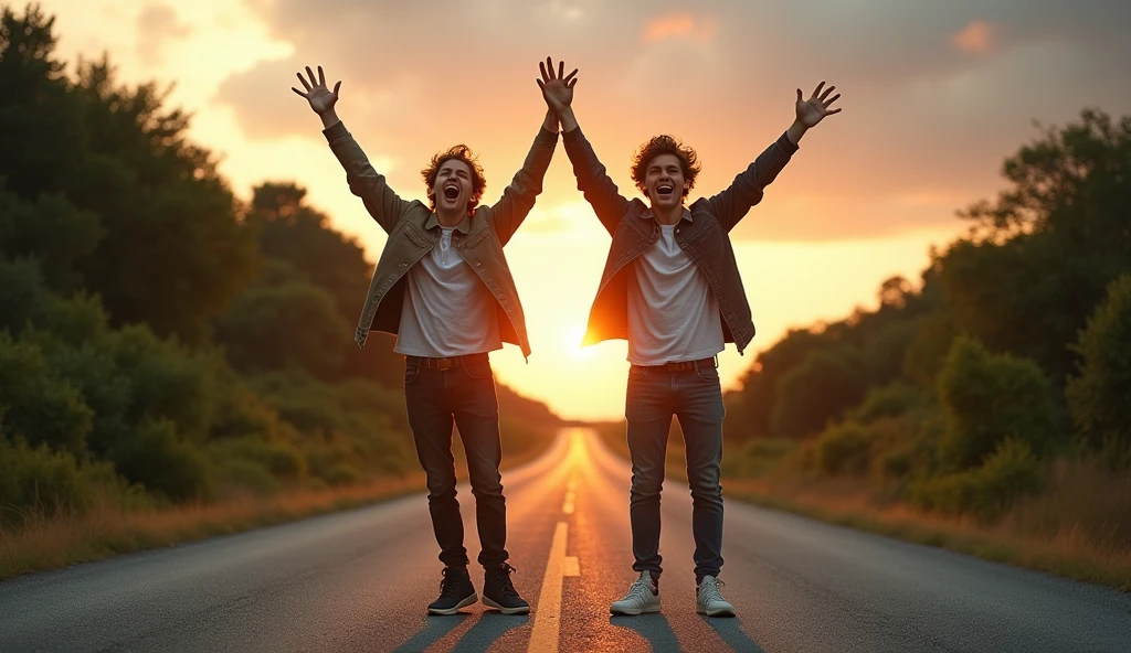 Create a 2 good looking boy standing on road, he open his arms and closed his hands watching upside to the sky and shouting louder with full energy , 8k very ultra realistic, cinematic vibe ,