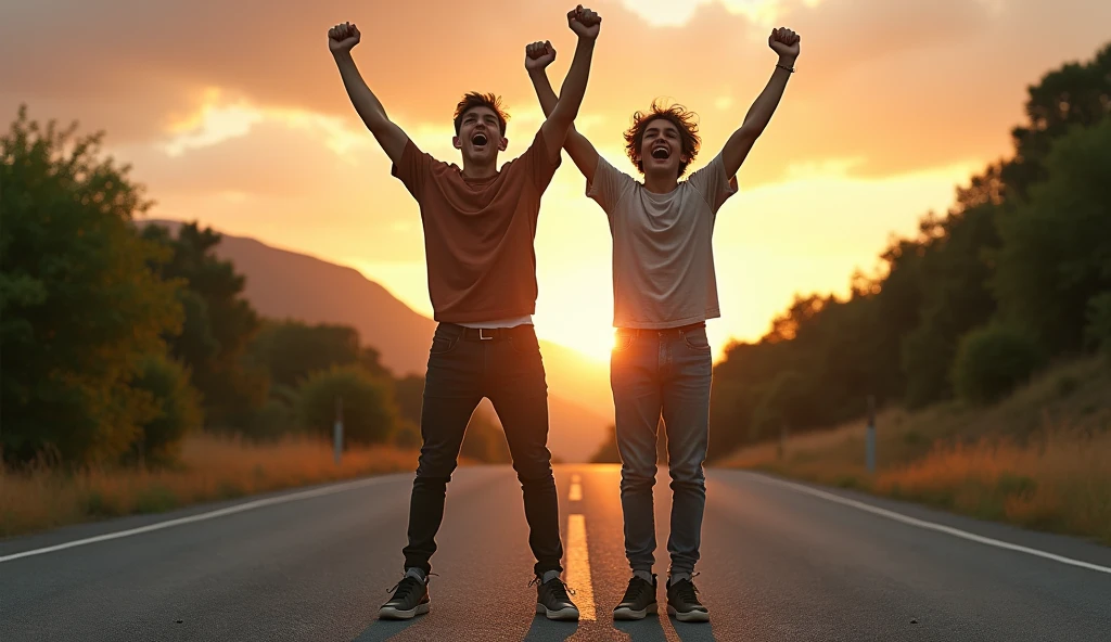 Create a 2 good looking boy standing on road, he open his arms and closed his hands watching upside to the sky and shouting louder with full energy , 8k very ultra realistic, cinematic vibe ,