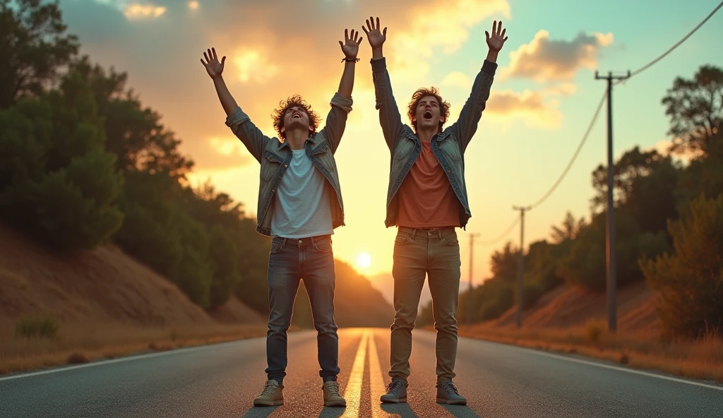 Create a 2 good looking boy standing on road, he open his arms and closed his hands watching upside to the sky and shouting louder with full energy , 8k very ultra realistic, cinematic vibe ,