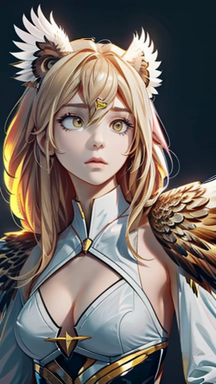 Griffin with spread wings, ((Eagle wings and upper body, Lion's body, Sharp beak)), ((masterpiece, Highest quality, Best image quality, High resolution, Realistic, RAW Photos, 8k)), ((Highly detailed CG synthesis 8k wallpaper)), (Huge and stunning goddess shot, Very hot and sexy, Incredible beauty, Perfect Proportions, Beautiful body, Slim body beauty:1.4), Front view, (Supergirl with her costume in tatters after losing to Griffon)
