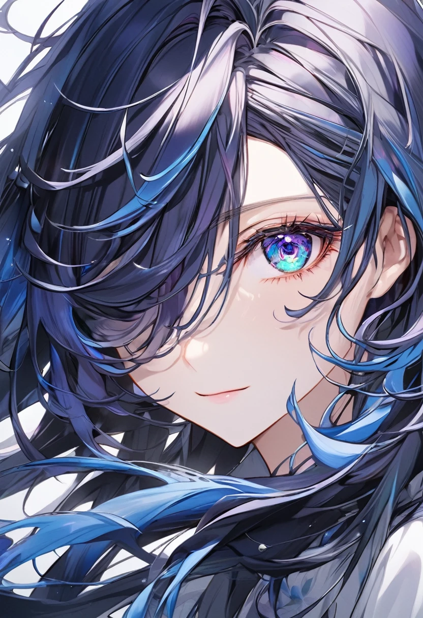 eyes visible through hair / bangs,(hair over one eyes)青い目,