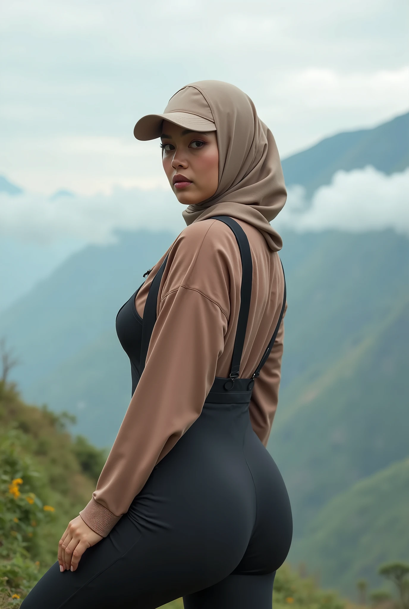 full-body portrait photograph of a young java woman hijab with polo Cap, wearing pinafore with tight-fitting , hotpant with leggings, oversized_breasts.", she is hiking, in a unique, photoshot model, ((in sea of clouds over the mountain))), pullover, highres, big buuts, 4k, HDR, 1girl, photorealistic, realistic, big booobs, turning away facial at viewer, closeup