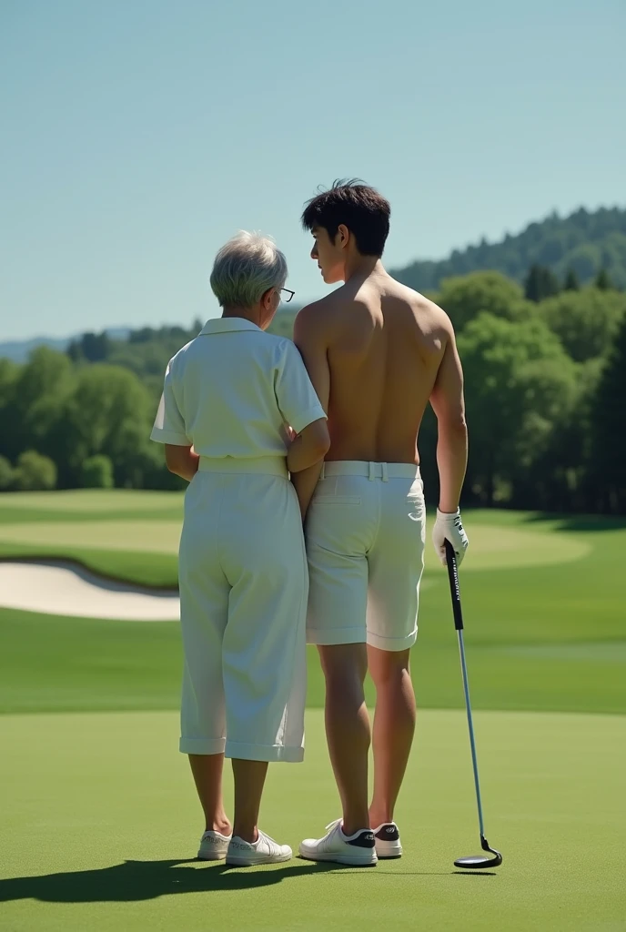 Real photo style、Realistic、Cute handsome man、Idol face、、Japanese、Slim body、Mash Hair、Completely naked、Full nudity、Back view of a man playing golf on the golf course、Butt Exposed、Completely naked、An old lady caddy next to me