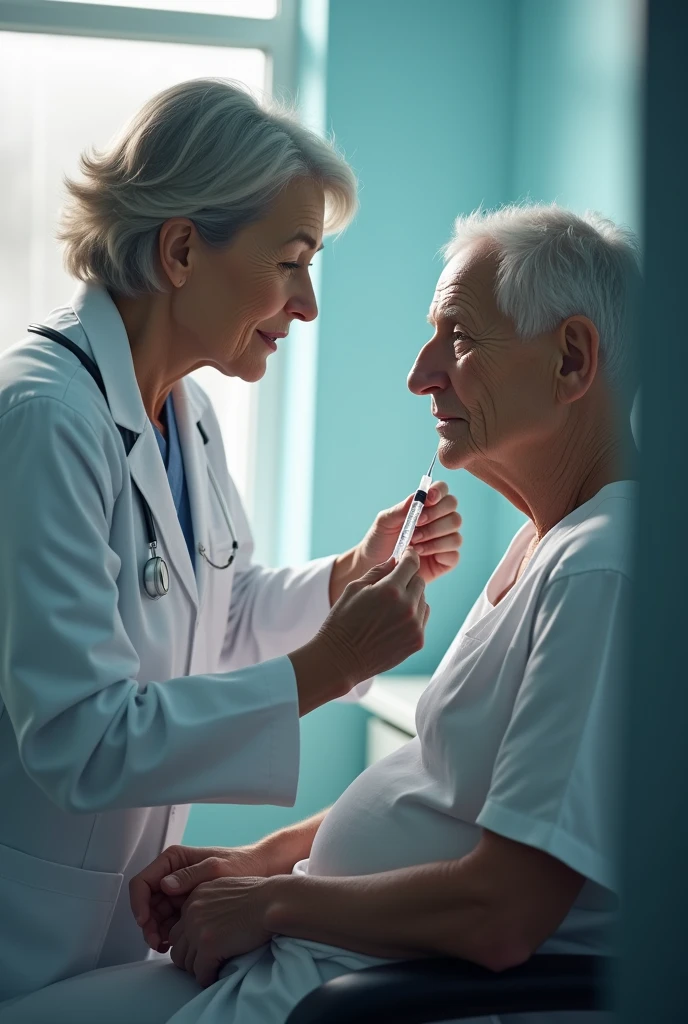A doctor giving a vaccine to a person with cancer 