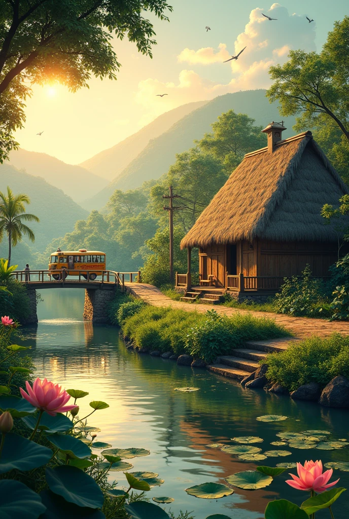 A thatxhed house with greenery beside river with wooden bridge and birds and lotus flowers and palleveligu bus on road with passengers beside river ona village near hill with sunrise