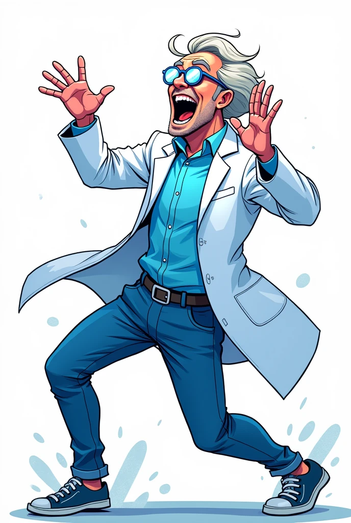 comic book art with a white background of a scientist laughing hysterically at having created a new formula in shades of blue