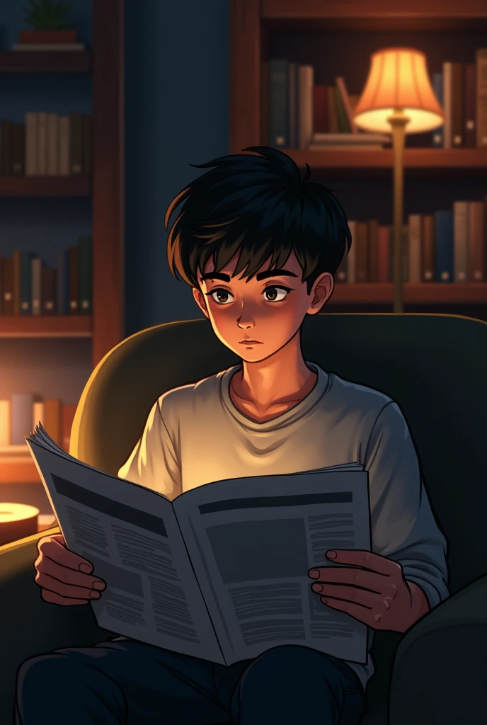  young man read paper at night I'n room 