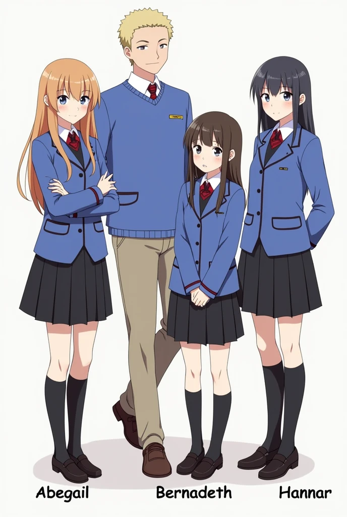 Create me an image 3 students wearing blue uniform black skirts and 1 boy wearing blue uniform and khaki pants
the 3 students girls name is Abegail , Bernadeth and Hannah
the 1 students boy name is Danred
include their name in the image