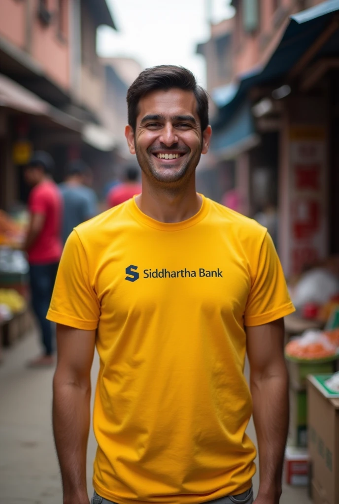 A young boy aged 30 years standing in local market of Kathmandu city wearing a yellow t shirt having logo of Siddhartha Bank
