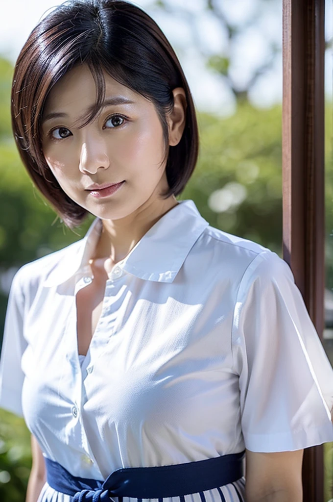 2 women　whiteいナース服を着て笑顔を見せる50代の女性　No buttons　 Japanese woman with short sleeves and black hair　Upper body close-up　Outdoor shooting　Harmony々　white