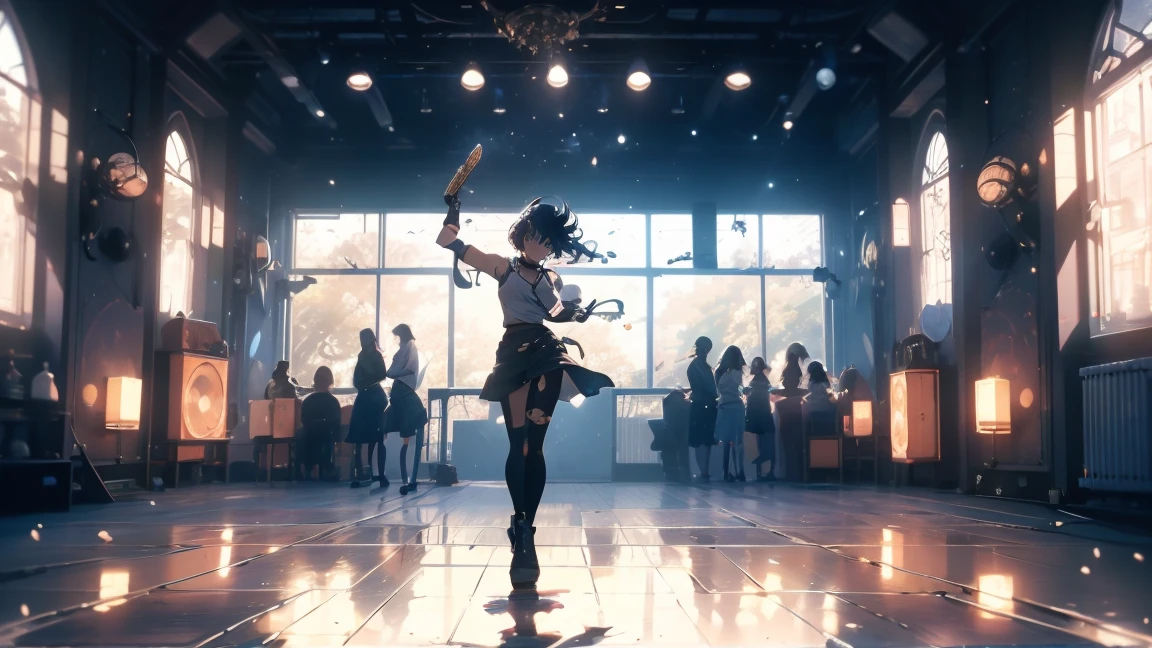 "score_9, wide_shot, full_body_shot, high_angle, wide_angle_lens, balanced_composition, focus_on_person_6, environment_detail_8_and_above, deep_Makoto_Shinkai_style, Korean_woman, dynamic_pose, cinematic_lighting, emphasis_on_instruments,
In a typical music practice room, various musical instruments are neatly arranged: a drum set, a bass guitar, an electric guitar, a keyboard, and other instruments like a violin and a saxophone are placed around the space. The walls are lined with soundproof padding, music stands, and shelves filled with sheet music and old records. The polished wooden floor reflects the warm light, adding a sense of depth and space to the room.
The scene is captured from a high angle using a wide-angle lens, emphasizing the expansiveness of the room and the spatial relationship between the woman and her surroundings. In the center stands a Korean woman with a sleek black short haircut, exuding a modern and edgy vibe. She is dressed in a black crop top and denim hot pants, her style contemporary and confident. Her expression is one of joy and focus as she sings, holding a microphone in one hand, her body moving rhythmically to the music. Her pose is dynamic, suggesting a connection with the music and the space around her.
The lighting is soft and ethereal, typical of Makoto Shinkai’s cinematic style, with beams of light filtering through the room, casting gentle, elongated shadows that enhance the sense of space. The colors are vivid and rich, with the contrast of her black outfit and the warm, inviting tones of the room creating a visually striking image. The wide-angle lens effect makes the room appear larger, emphasizing the presence of the musical instruments and the dynamic interaction between the woman and her environment. This scene blends the ordinary setting of a practice room with the extraordinary, dreamlike quality characteristic of Shinkai’s work."