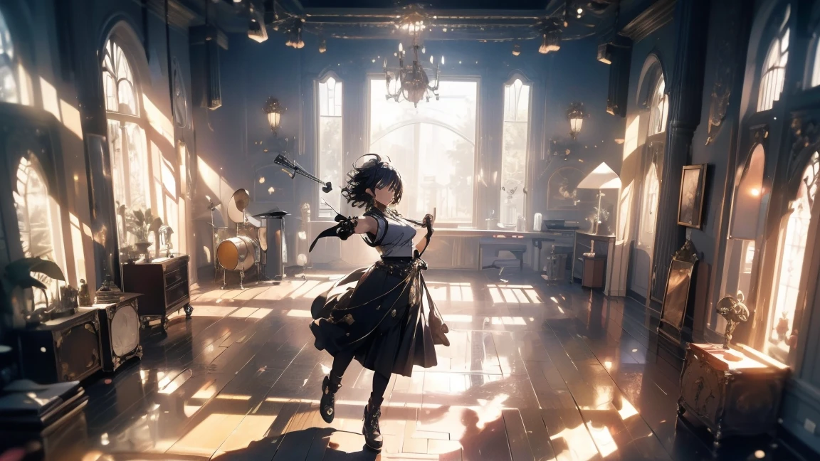 "score_9, wide_shot, full_body_shot, high_angle, wide_angle_lens, balanced_composition, focus_on_person_6, environment_detail_8_and_above, deep_Makoto_Shinkai_style, Korean_woman, dynamic_pose, cinematic_lighting, emphasis_on_instruments,
In a typical music practice room, various musical instruments are neatly arranged: a drum set, a bass guitar, an electric guitar, a keyboard, and other instruments like a violin and a saxophone are placed around the space. The walls are lined with soundproof padding, music stands, and shelves filled with sheet music and old records. The polished wooden floor reflects the warm light, adding a sense of depth and space to the room.
The scene is captured from a high angle using a wide-angle lens, emphasizing the expansiveness of the room and the spatial relationship between the woman and her surroundings. In the center stands a Korean woman with a sleek black short haircut, exuding a modern and edgy vibe. She is dressed in a black crop top and denim hot pants, her style contemporary and confident. Her expression is one of joy and focus as she sings, holding a microphone in one hand, her body moving rhythmically to the music. Her pose is dynamic, suggesting a connection with the music and the space around her.
The lighting is soft and ethereal, typical of Makoto Shinkai’s cinematic style, with beams of light filtering through the room, casting gentle, elongated shadows that enhance the sense of space. The colors are vivid and rich, with the contrast of her black outfit and the warm, inviting tones of the room creating a visually striking image. The wide-angle lens effect makes the room appear larger, emphasizing the presence of the musical instruments and the dynamic interaction between the woman and her environment. This scene blends the ordinary setting of a practice room with the extraordinary, dreamlike quality characteristic of Shinkai’s work."