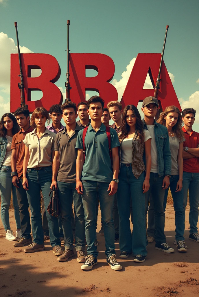 We are students of BBA and want to create a do for our social media group. So create a pic in which a army or gang or group of boys and girls are standing holding guns or rods and BBA is written behind them in big letters. The dimensions of photo must be in size of 1:1
 