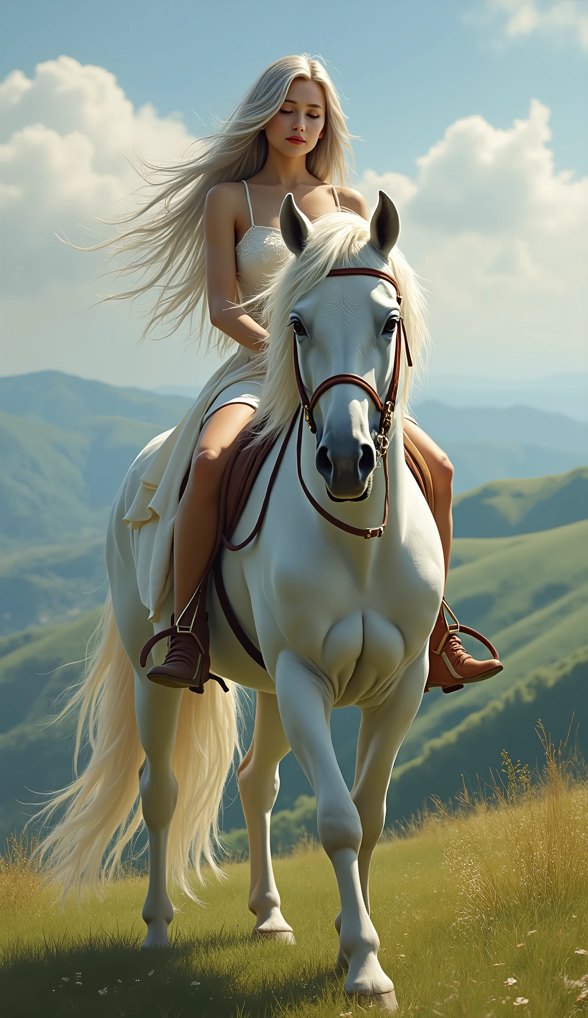 1 fille, Solo, 25 ans, Cheveux Longs et couleurs cendré, Sourire Séduisant, Yeux Fermés,
Réalisme, sur un cheval blanc en haut d'une colline