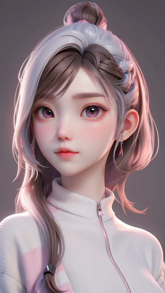 girl, long brown hair, gray eyes, Sharp features, white skin, pink lips, wavy hairstyle, sweater, brown jacket