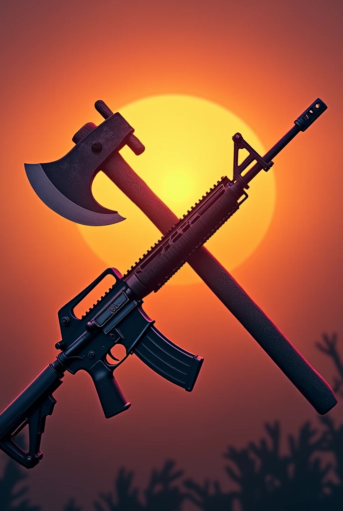 Just an axe and just an assault rifle (Rifle) forming an x, with an orange sunset background, roxo e rosa