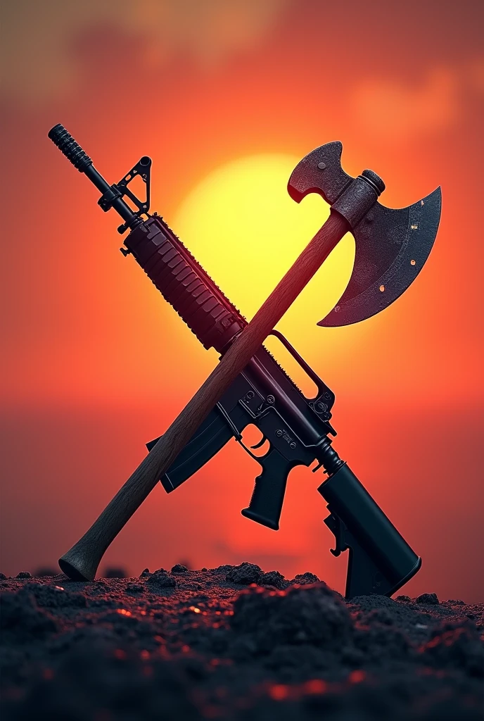 Just an axe and just an assault rifle (Rifle) forming an x, with an orange sunset background, roxo e rosa