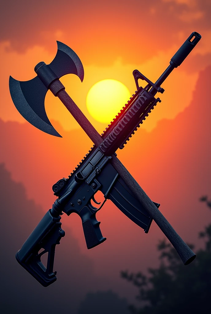 Just an axe and just an assault rifle (Rifle) forming an x, with an orange sunset background, roxo e rosa
