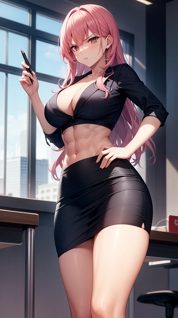 masterpiece, best quality, high detail, beautiful angry business woman, solo focus, long wavy hair, pink hair, (black blazer), (black midi pencil skirt), long skirt, ((muscles)), abs, ripped clothes, wide hips, office building, 