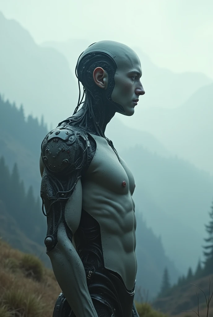 Generate a detailed male human with a hybrid body, Show organic、Seamless integration of mechanical and cybernetic elements. Stimulate people's imagination. Desolate landscape of valley and mountains, Thick fog shrouded, Sunshine is scarce, Thick trunk, In surreal landscapes, 4K, Movie Lighting, Natural Lighting, Film Grain, Movie Lighting, High Detail, Photorealism, Photorealismistic, Volumetric lighting and shadows