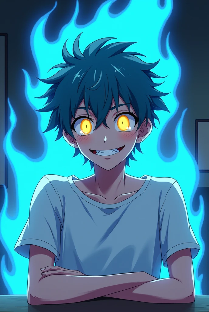 Rimuru Tempest, White T-shirt, short shorts, sits by the table, face shot, creepy smile, haughty smile, shining yellow eyes, a blue aura emanates from the body, anime style.
Rimuru Tempest, White T-shirt, short shorts, sits by the table, face shot, creepy smile, haughty smile, shining yellow eyes, a blue aura emanates from the body, anime style.