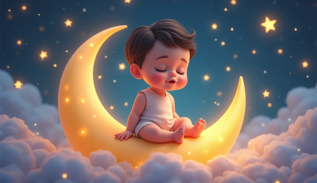 a  listening to a lullaby, gently sitting on a crescent moon in a fairytale space, many stars around, sleeping with eyes closed, cartoon style child, (best quality,4k,8k,highres,masterpiece:1.2),ultra-detailed,(realistic,photorealistic,photo-realistic:1.37),beautiful detailed eyes,beautiful detailed lips,extremely detailed eyes and face,longeyelashes,whimsical,magical,dreamlike,soft lighting,glowing stars,pastel colors,warm tones,ethereal,soothing,peaceful