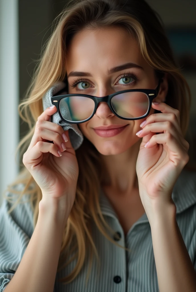 Color photo of a white American woman cleaning her spectacles with a microfiber cloth, holding the glasses in her hands, capturing a close-up of the action in a natural, realistic setting, mobile photograph, camera settings: iPhone 12 Pro, VSCO Cam app, indoor or outdoor lighting.