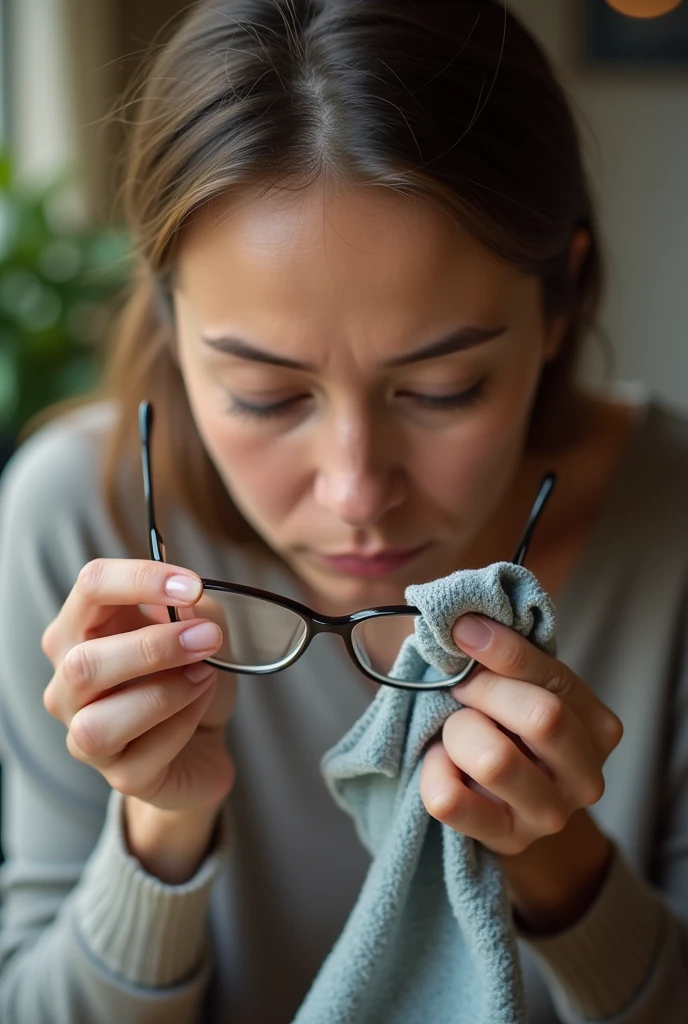 Color photo of a white American woman cleaning her spectacles with a microfiber cloth, holding the glasses in her hands, not wearing them, capturing a close-up of the cleaning process in a natural, realistic setting, mobile photograph, camera settings: iPhone 12 Pro, VSCO Cam app, indoor or outdoor lighting.