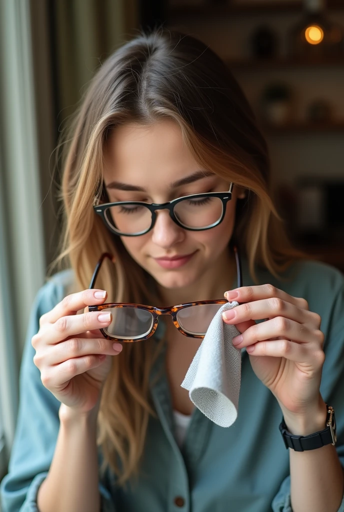 Color photo of a white American woman cleaning her spectacles with a microfiber cloth, holding the glasses in her hands, not wearing them, capturing a close-up of the cleaning process in a natural, realistic setting, mobile photograph, camera settings: iPhone 12 Pro, VSCO Cam app, indoor or outdoor lighting.