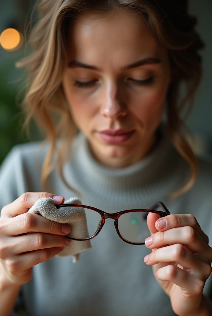 Color photo of a white American woman cleaning her spectacles with a microfiber cloth, holding the glasses in her hands, not wearing them, capturing a close-up of the cleaning process in a natural, realistic setting, mobile photograph, camera settings: iPhone 12 Pro, VSCO Cam app, indoor or outdoor lighting.