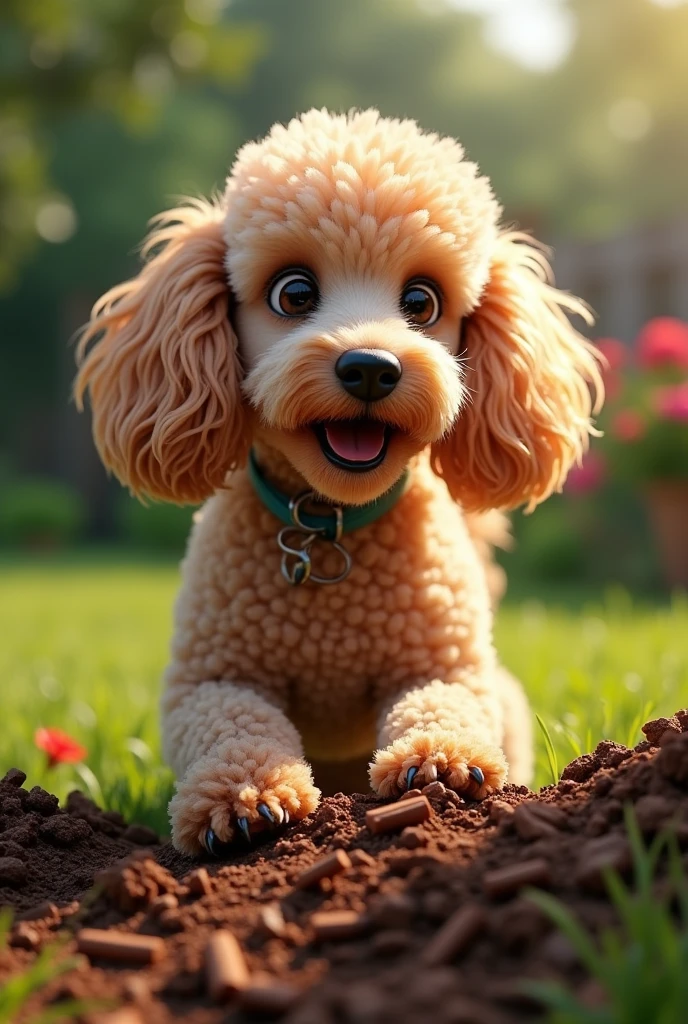 Poodle dog eating Mulch