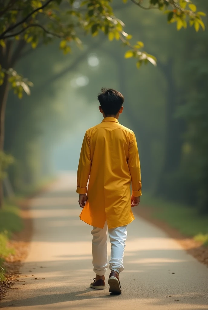 a boy walking a alone road and he wear yellow panjabi and white trouser. img taken from behind and write a stylish text - বিভ্রান্ত বাউন্ডুলে