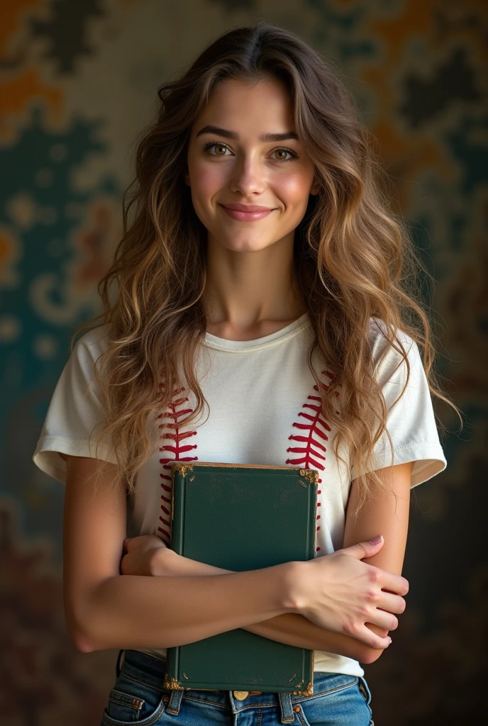 (photo brute, best quality) , (realistic, photo-realistic : 1.4), extremely formidable general plan, masterpiece, ultra-detailed, high resolution, meilleure illustration, best shadow, complexe, depth of field, Belle jeune fille de 19 ans, she has long dark blonde curly hair, she has brown eyes, elle à un beau sourire et elle a le regard intelligent, elle porte un jean bleuet elle porte un t-shirt blanc avec avec un dessin de balle de base-ball, she carries books in her arms