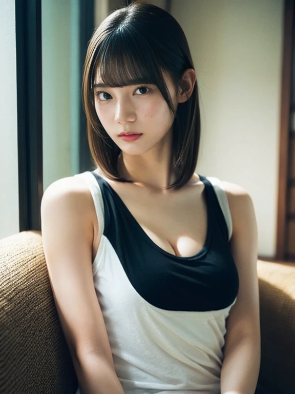 girl, japanese actress, small breasts, tank top, pov, black eyes, black hair, bangs, mole, cleavage,masterpiece, best quality, ultra quality, high quality, realistic, photo realistic, RAW photo, hyper detailed, intricate detailed, film grain, room,