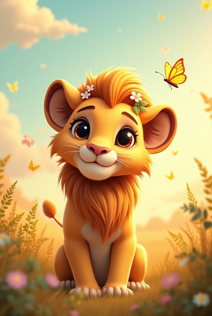 A highly detailed, photorealistic 4K image of a whimsical savanna scene featuring a young, adorable lion with a slightly cartoon-like appearance. The lion has large, expressive eyes that exude a sweet and curious personality, and its golden fur is interspersed with patches of soft pastel colors like light gold, peach, and cream. Small, delicate flowers and lush green leaves are woven into its mane, giving it a magical and gentle touch. The background is a vibrant savanna filled with tall, golden grasses, small flowering bushes, and soft sun rays that filter through sparse clouds, casting a warm, golden glow over the scene. Butterflies flutter around, adding a lively and enchanting atmosphere. Art style: Fantasy realism with nature elements. Lighting: Soft, warm sunlight with gentle caustics. Camera: Medium shot, slight tilt for dynamic perspective. Render: Octane Render, 8K resolution.