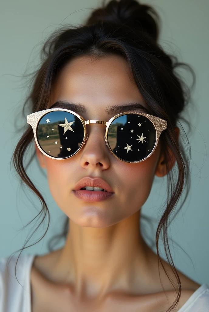 The model is wearing glass sunglasses with stars and the moon on the glass